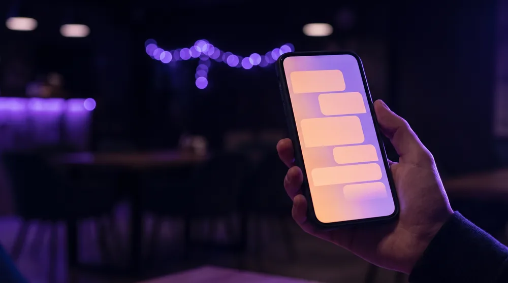A hand holding a phone showing a glowing chat conversation inside a dark venue